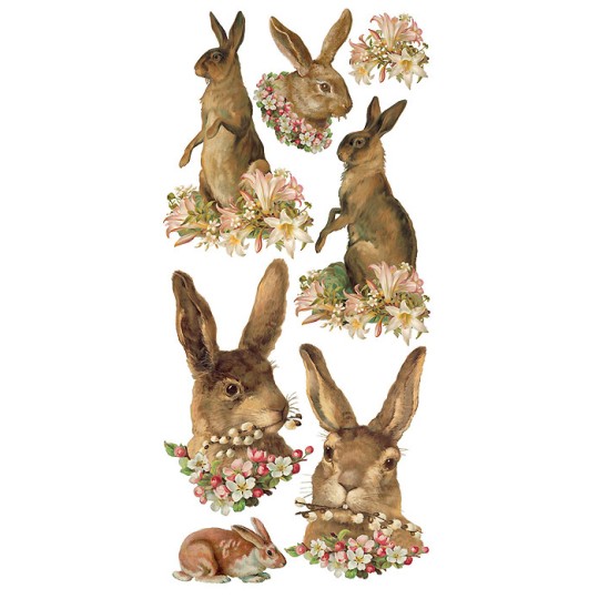 1 Sheet of Stickers Vintage Easter Hares with Flowers